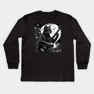 Cute Musician Black Cat Kitty Playing Guitar - Funny Cats Kids Long Sleeve T-Shirt